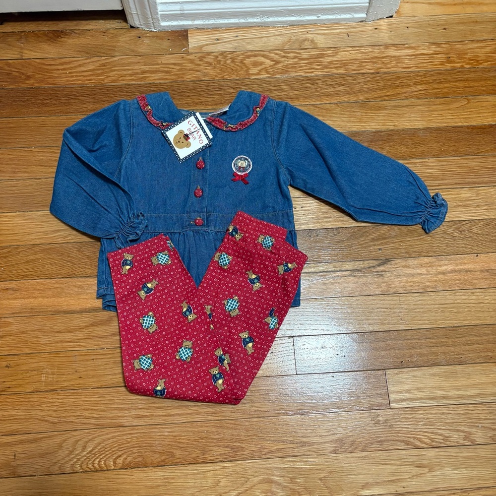 Girls Blue Denim Top and Red Patterned Pants Set